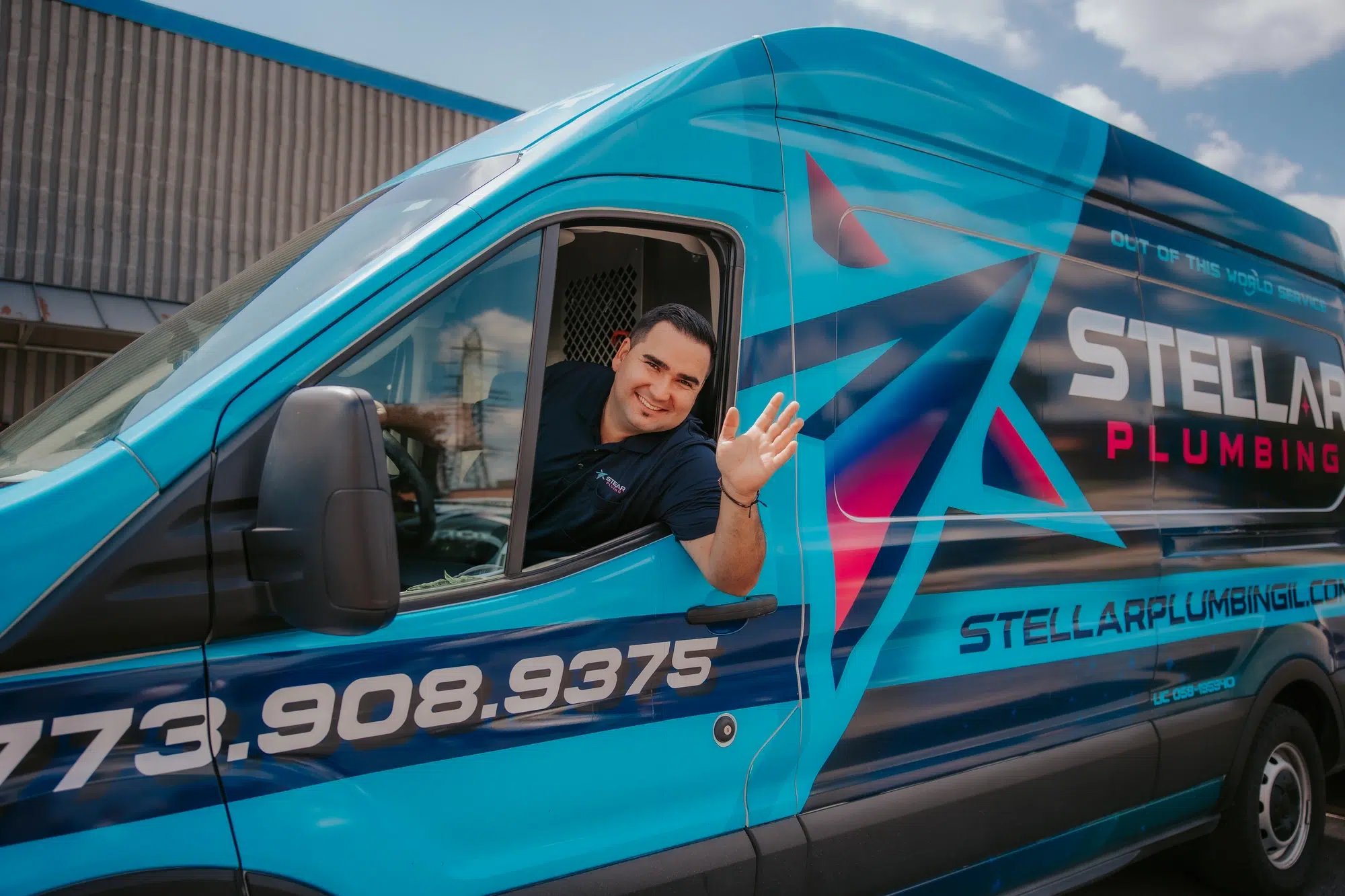 stellar plumber in the van on his way to a plumbing emergency in Arlington Heights, IL