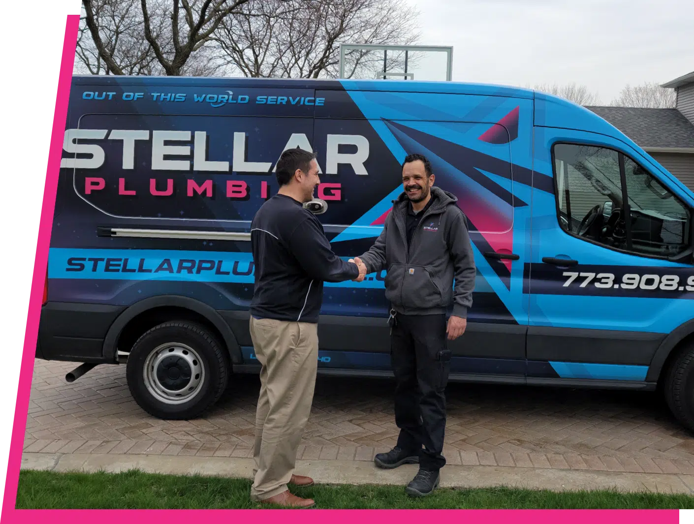 Stellar Plumbing Technician smiling and shaking hands with customer in front of work van in Elk Grove.