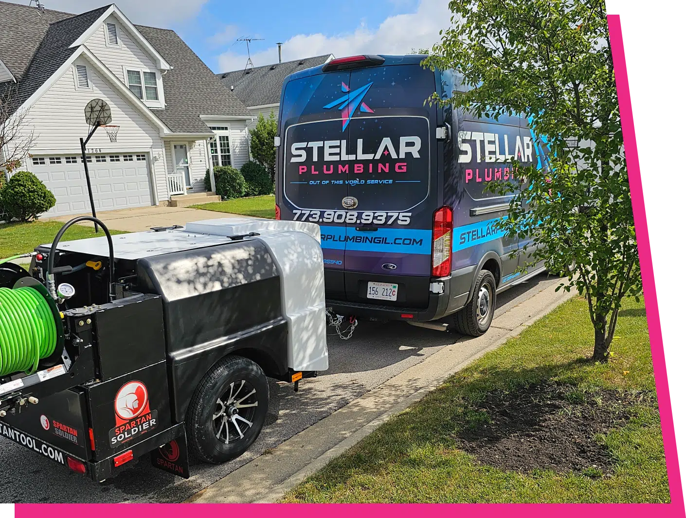 Stellar Plumbing truck and trailer outside of residential home