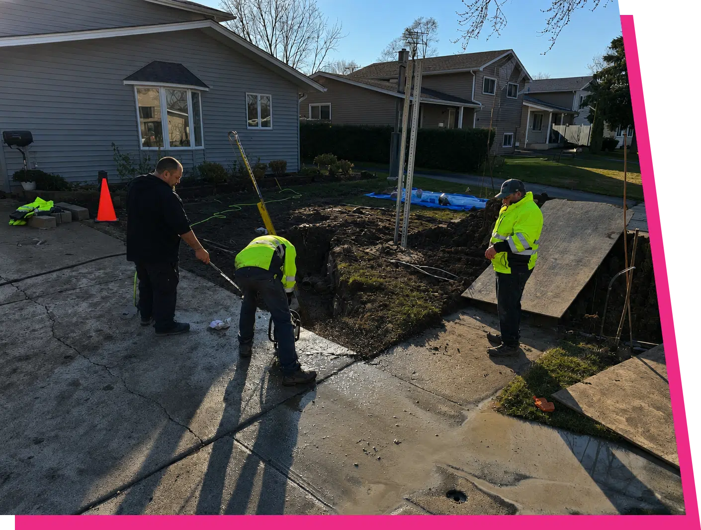 Claude responded: Stellar Plumbing crew excavating a front yard for underground sewer line repair on a residential property in Elk Grove Village, ILStellar Plumbing crew excavating a front yard for underground sewer line repair on a residential property in Mount Prospect, IL