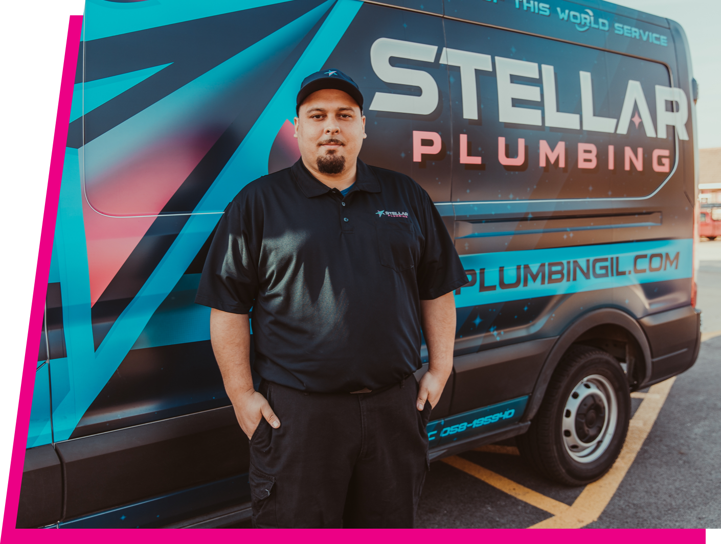 Stellar Plumbing Technician in front of work van in Elk Grove.